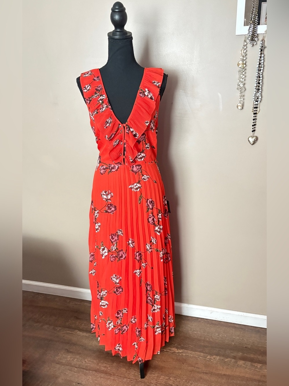 Lulus orange red maxi dress floral summer wedding pleated romantic floral XL EUC